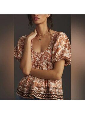 NEW $128  By Anthropologie Puff-Sleeve Babydoll Blouse whimsy spring crisp XXS